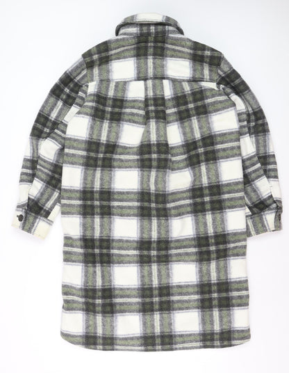 H&M Men’s Grey Check Long Overcoat Size S Polyester Button-Up
