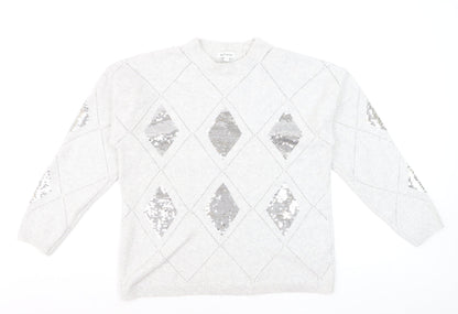 Bonmarché Women's Silver Sequin Argyle Jumper Size 14 Grey Long Sleeve Knit