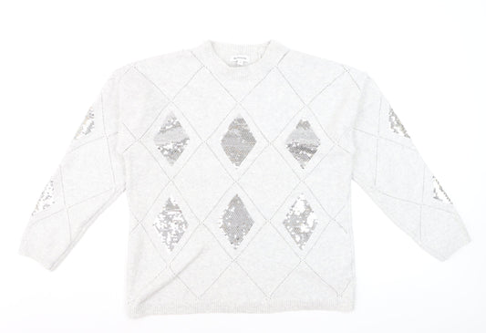 Bonmarché Women's Silver Sequin Argyle Jumper Size 14 Grey Long Sleeve Knit