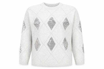 Bonmarché Women's Silver Sequin Argyle Jumper Size 14 Grey Long Sleeve Knit