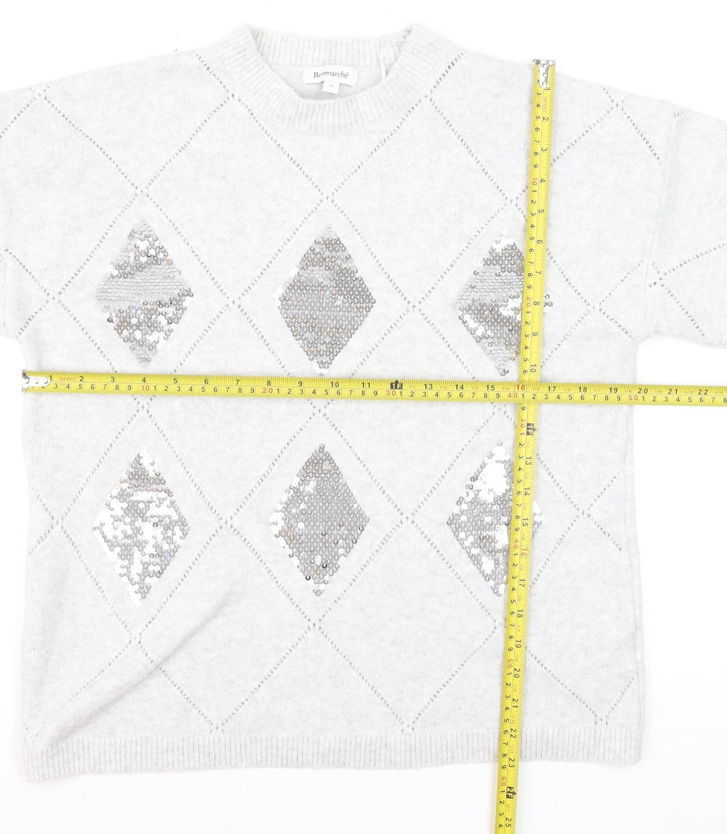 Bonmarché Women's Silver Sequin Argyle Jumper Size 14 Grey Long Sleeve Knit