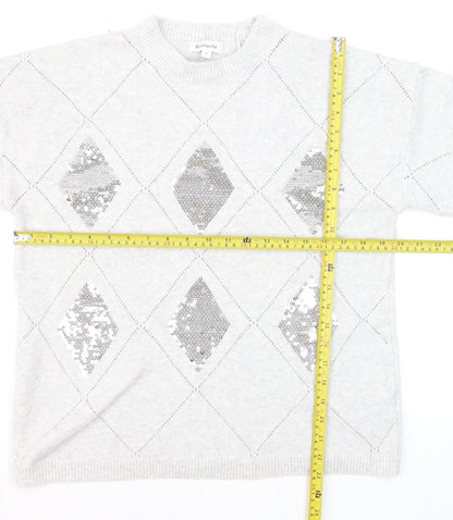 Bonmarché Women's Silver Sequin Argyle Jumper Size 14 Grey Long Sleeve Knit