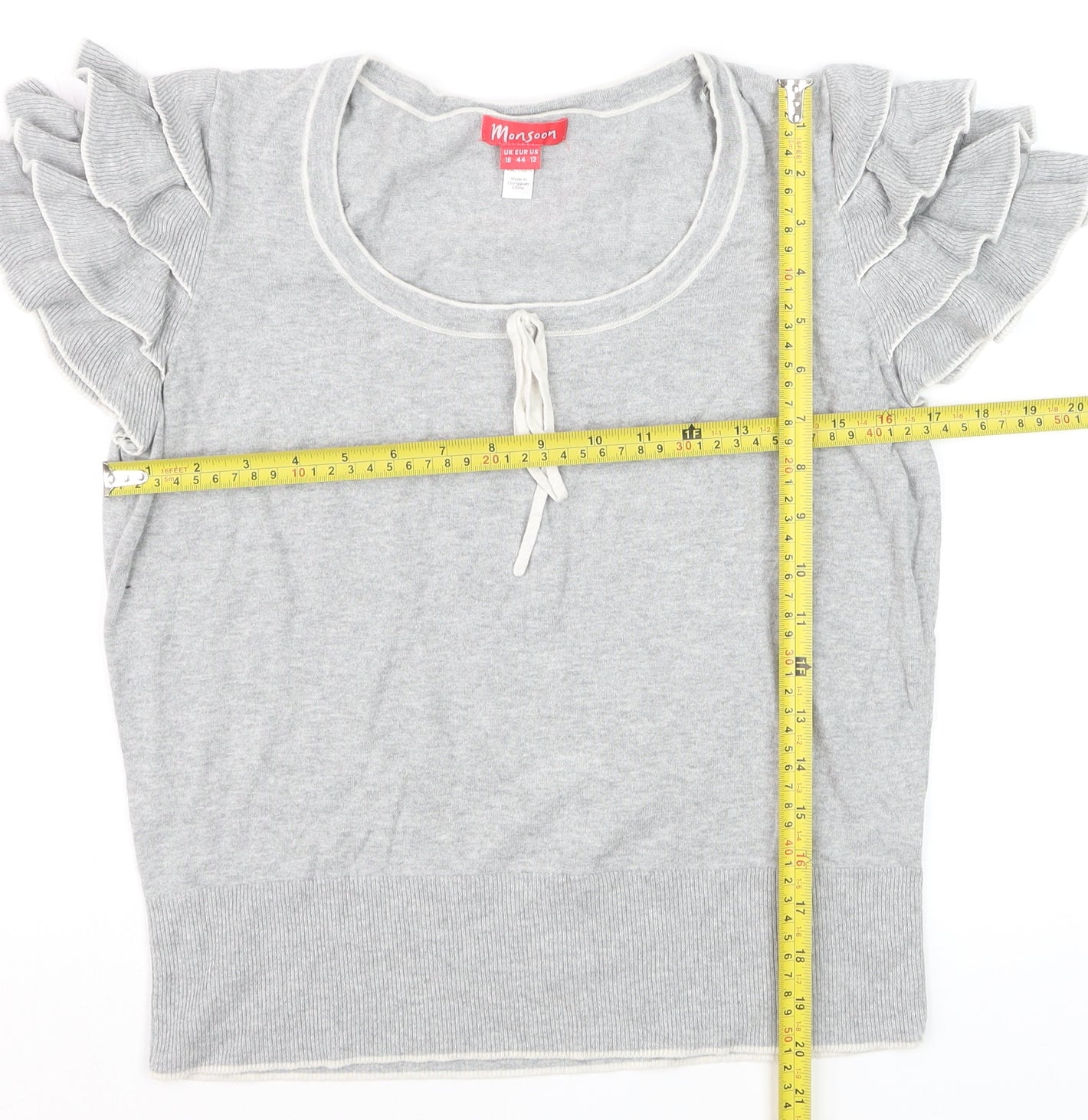 Monsoon Women’s Grey Cotton Ruffle Sleeve Pullover Jumper Size 16