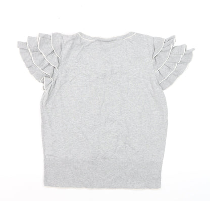 Monsoon Women’s Grey Cotton Ruffle Sleeve Pullover Jumper Size 16