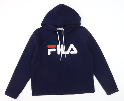 Fila Women Navy Blue Hooded Pullover Hoodie Size L Fleece Logo