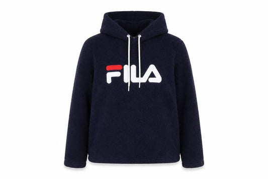 Front view of Fila Women Navy Blue Hooded Pullover Hoodie, size L, Fleece Logo