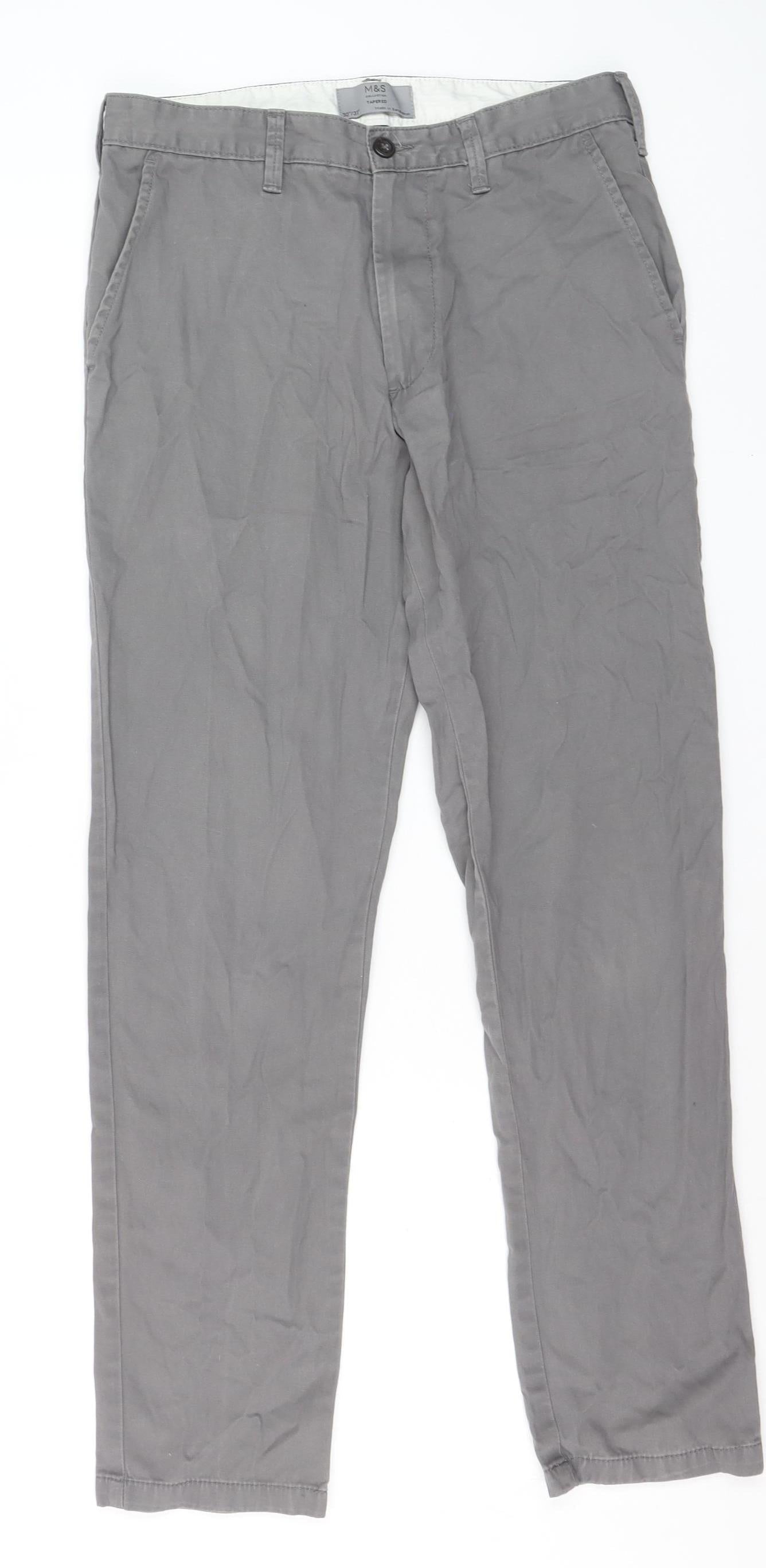 Marks and Spencer Men's Grey Cotton Chino Trousers 30W 31L Tapered Fit