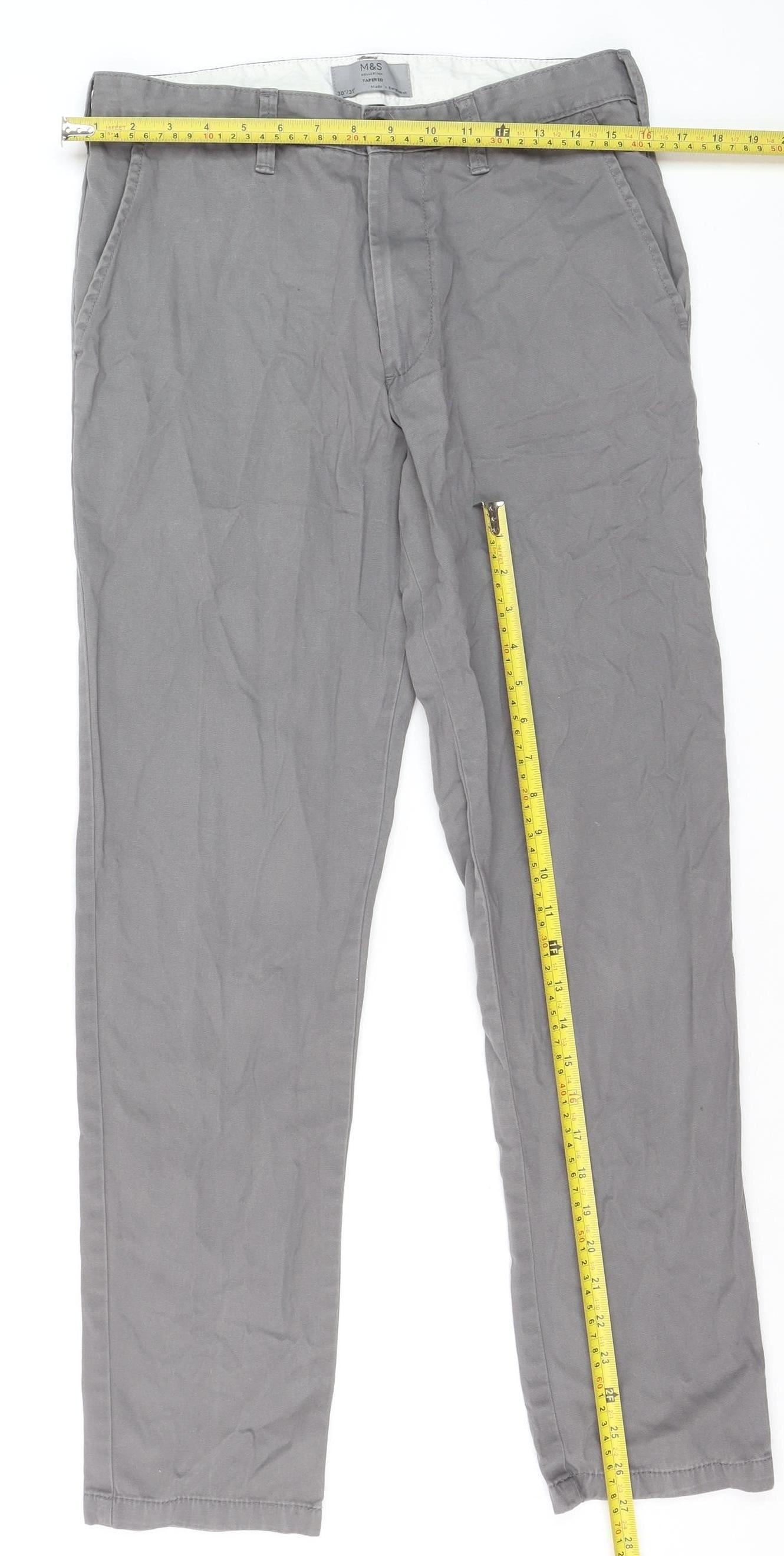 Marks and Spencer Men's Grey Cotton Chino Trousers 30W 31L Tapered Fit