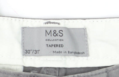 Marks and Spencer Men's Grey Cotton Chino Trousers 30W 31L Tapered Fit