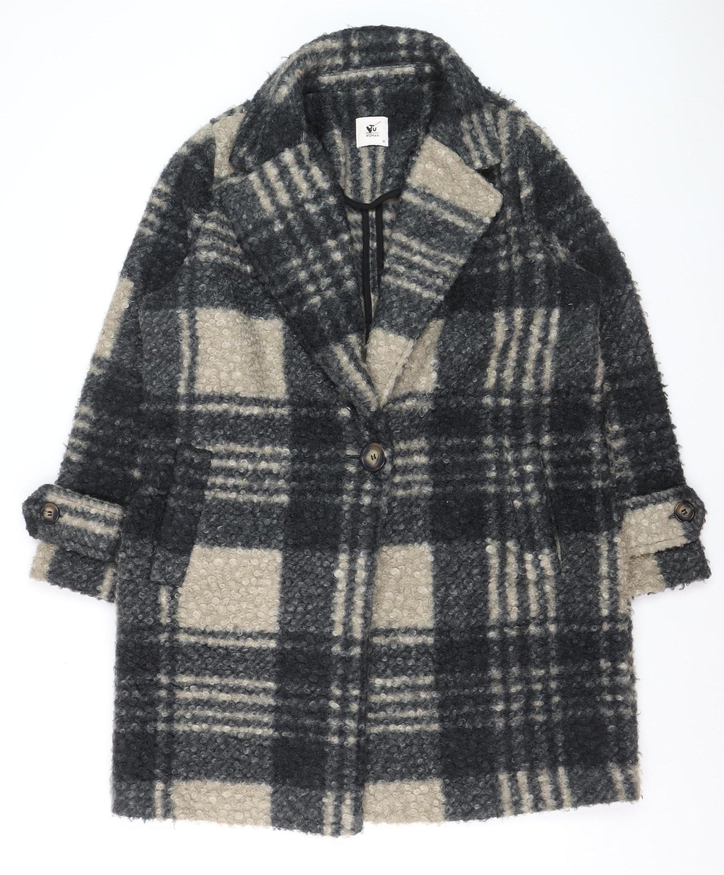 Tu Women Grey Checked Wool Blend Mid-Length Coat Size 16