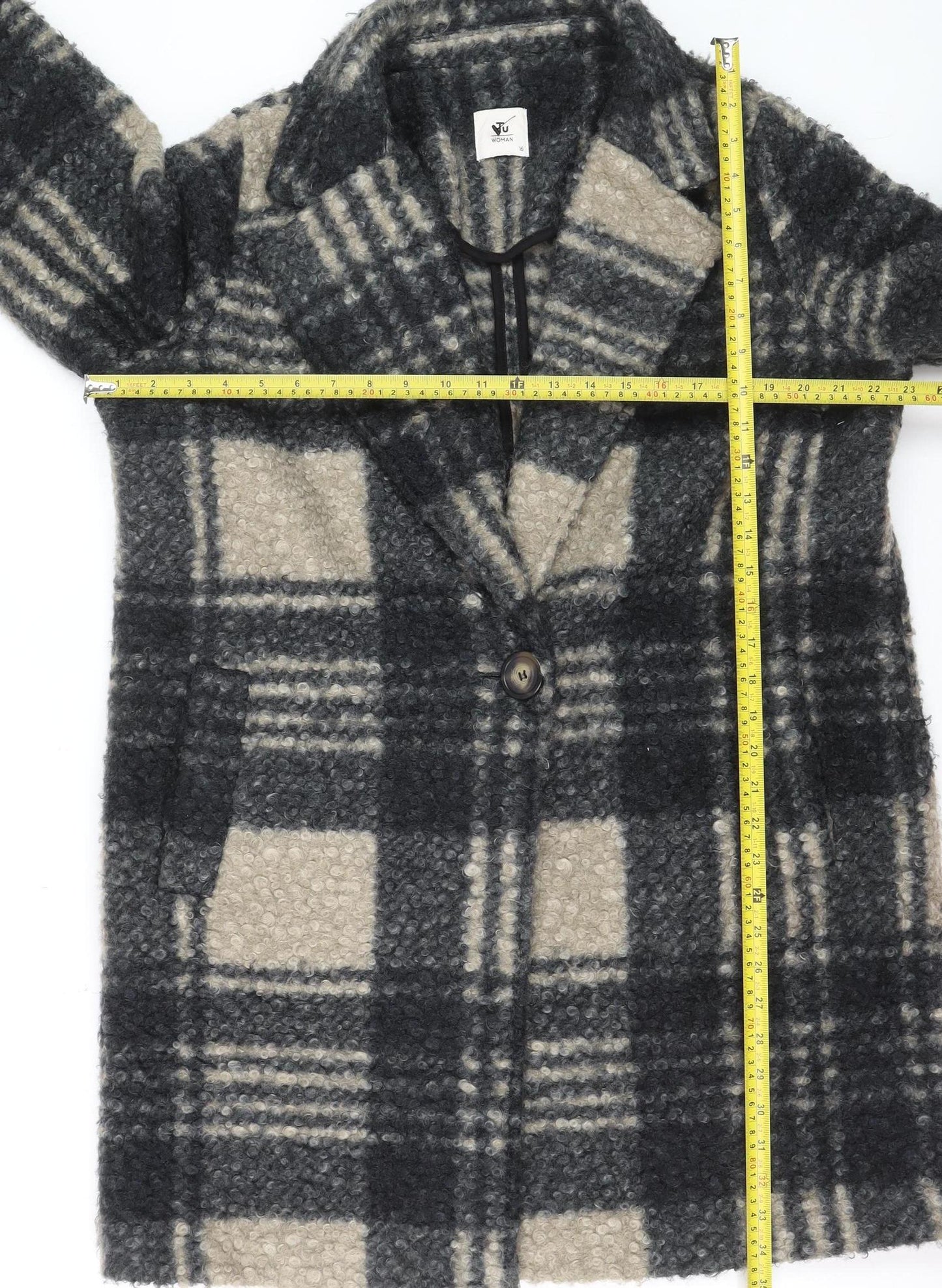 Tu Women Grey Checked Wool Blend Mid-Length Coat Size 16