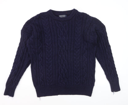 Woolovers Men's Blue Cable-Knit Wool Crew Neck Jumper Size L