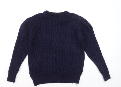 Woolovers Men's Blue Cable-Knit Wool Crew Neck Jumper Size L