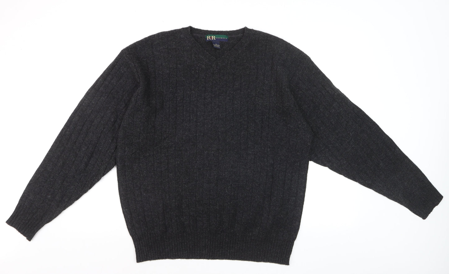 R&R Casuals Men's Dark Grey Lambswool V-Neck Cable-Knit Jumper Size M