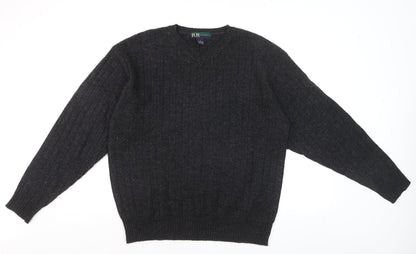 R&R Casuals Men's Dark Grey Lambswool V-Neck Cable-Knit Jumper Size M