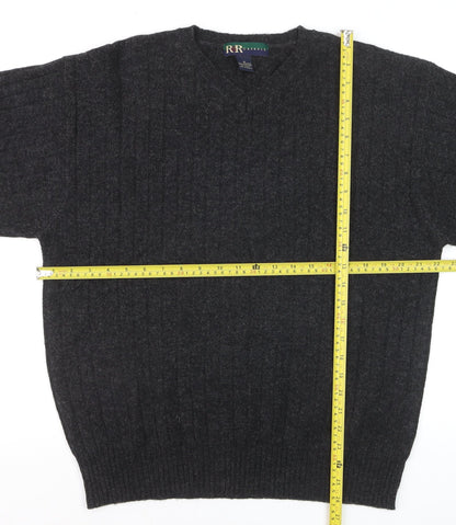 R&R Casuals Men's Dark Grey Lambswool V-Neck Cable-Knit Jumper Size M