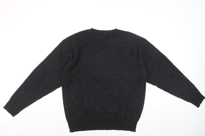 R&R Casuals Men's Dark Grey Lambswool V-Neck Cable-Knit Jumper Size M