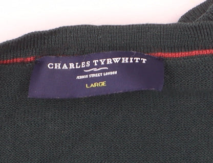 Charles Tyrwhitt Men's Green Merino Wool V-Neck Jumper Size L