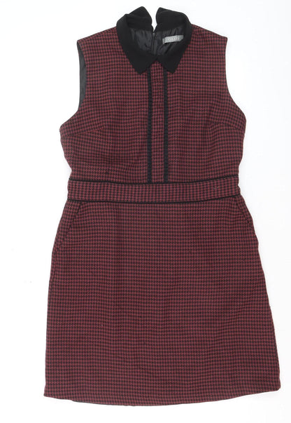 Oasis Women’s Red Houndstooth Collared Sleeveless Shift Dress Size 14