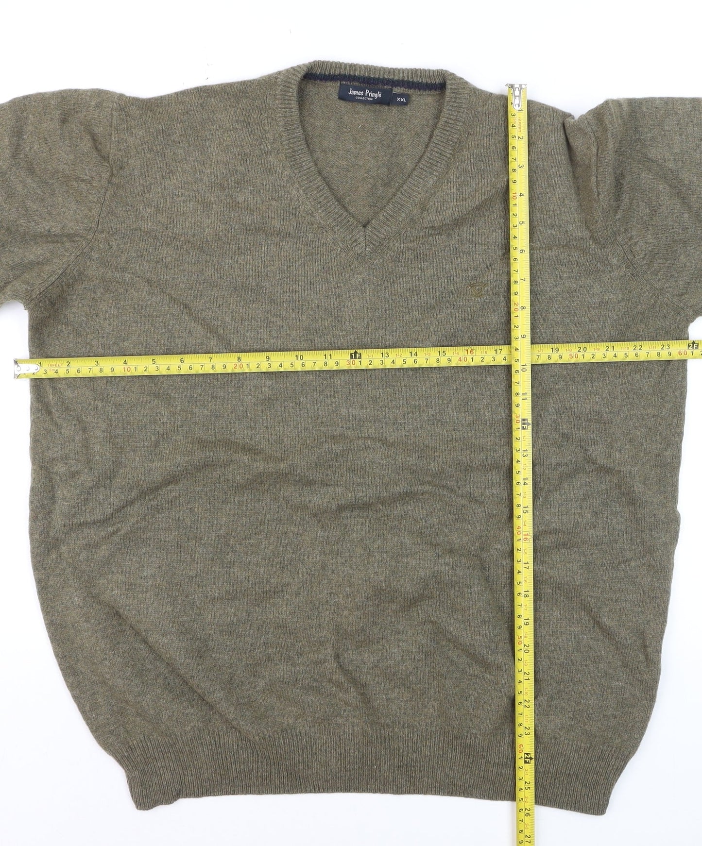 James Pringle Men's Green Wool V-Neck Jumper XXL Classic Knit