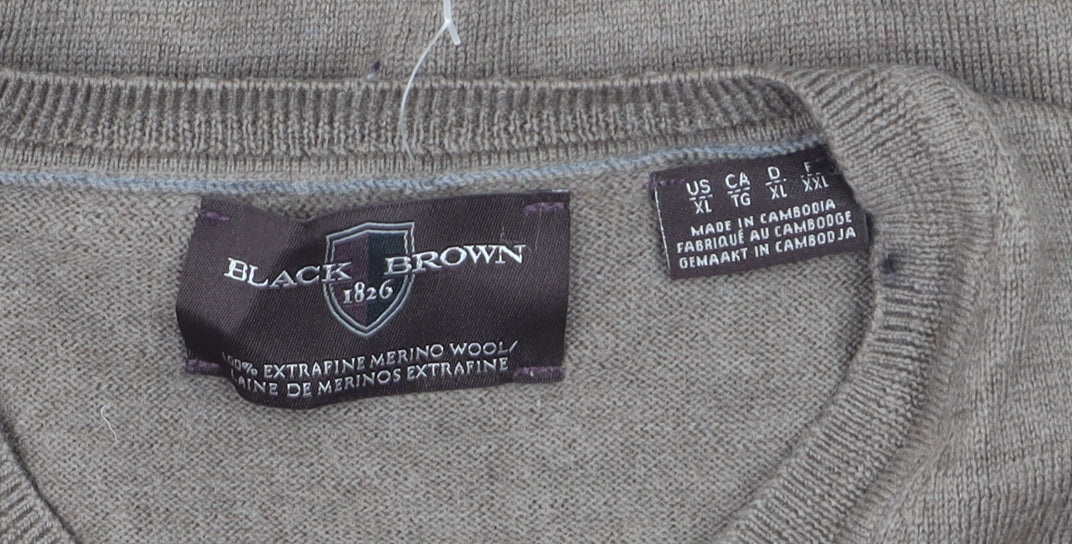 Black Brown 1826 Men's Beige V-Neck Merino Wool Pullover Jumper XL