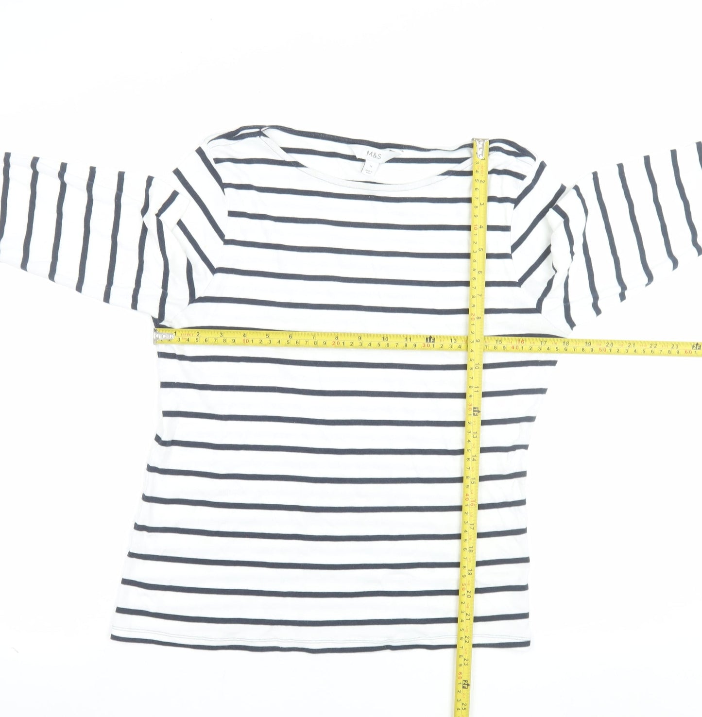 Marks and Spencer Women’s White Striped 3/4 Sleeve Cotton T-Shirt Size 14