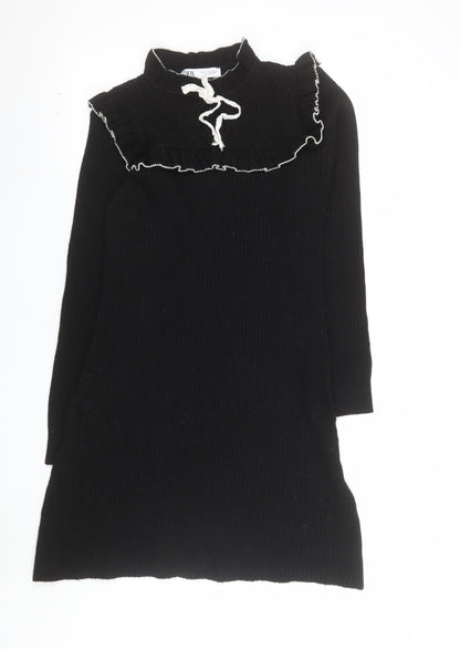 Zara Women’s Black Knit Jumper Dress Small Ruffle High Neck