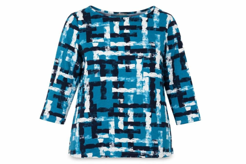 Jaeger Women Blue Geometric Tunic Top L Viscose 3/4 Sleeve