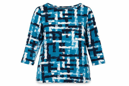 Jaeger Women Blue Geometric Tunic Top L Viscose 3/4 Sleeve
