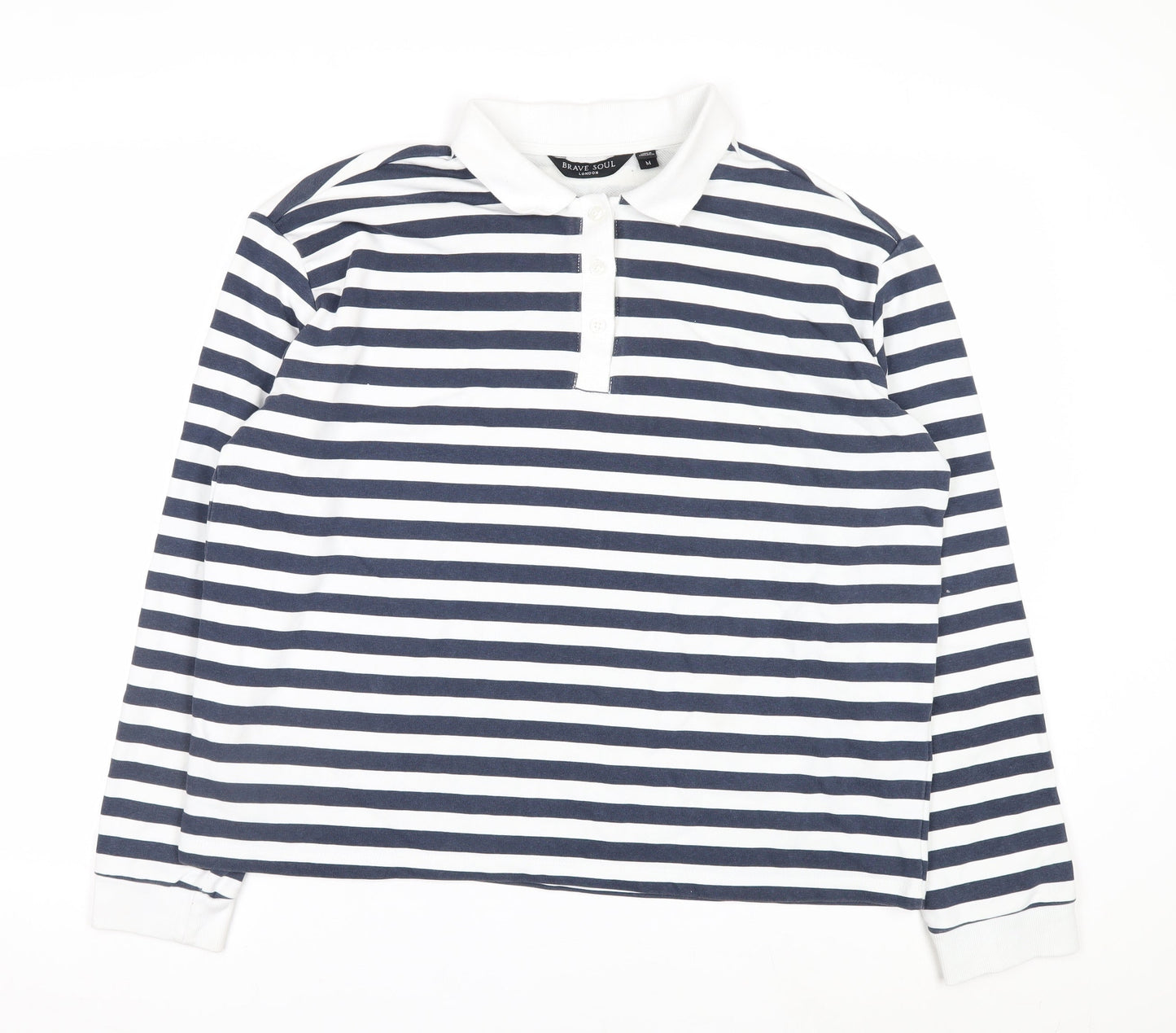 Brave Soul Men's Blue White Striped Long Sleeve Collared Rugby Shirt M