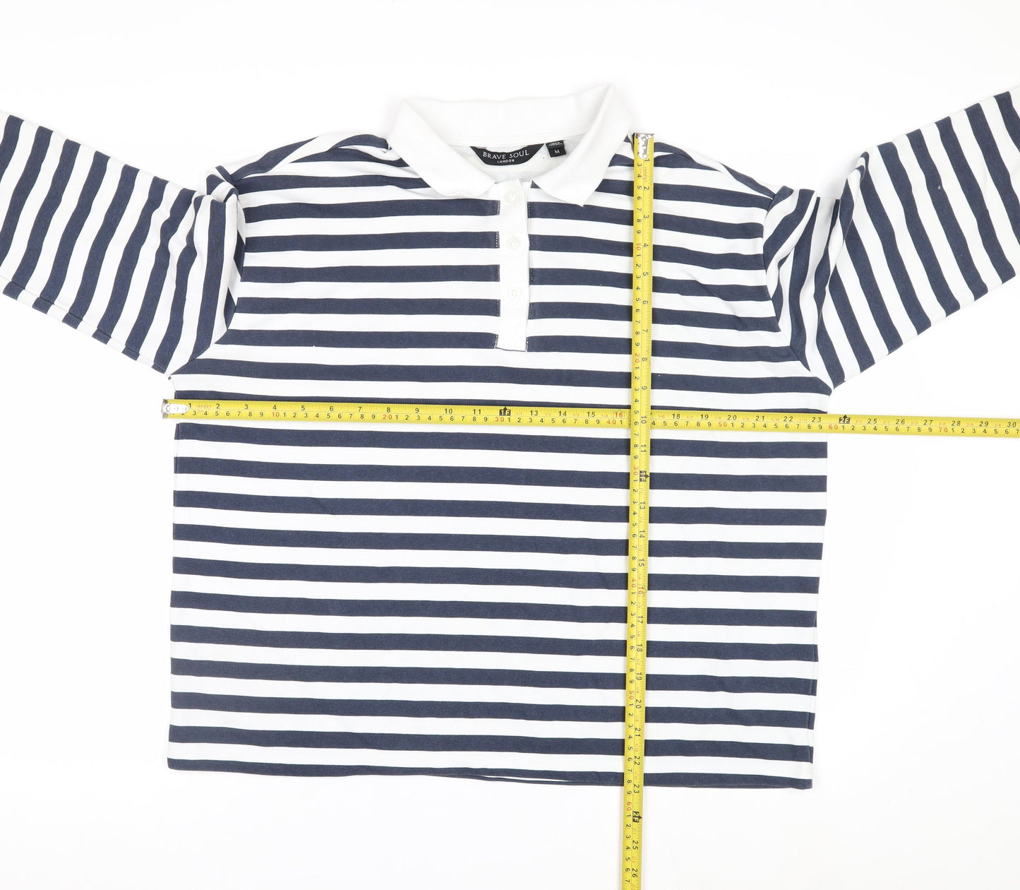 Brave Soul Men's Blue White Striped Long Sleeve Collared Rugby Shirt M