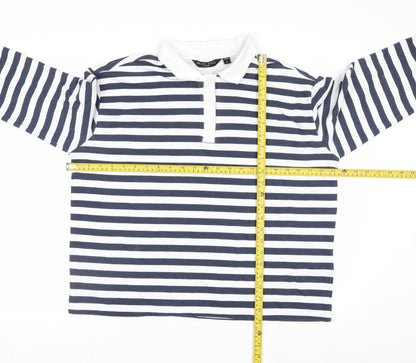 Brave Soul Men's Blue White Striped Long Sleeve Collared Rugby Shirt M