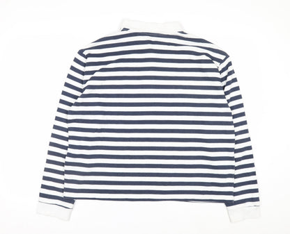 Brave Soul Men's Blue White Striped Long Sleeve Collared Rugby Shirt M