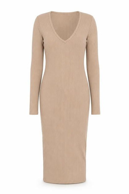 Boohoo Women's Beige Ribbed V-Neck Long Sleeve Midi Bodycon Dress Size 8