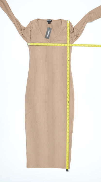 Boohoo Women's Beige Ribbed V-Neck Long Sleeve Midi Bodycon Dress Size 8