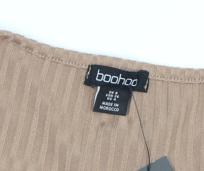 Boohoo Women's Beige Ribbed V-Neck Long Sleeve Midi Bodycon Dress Size 8