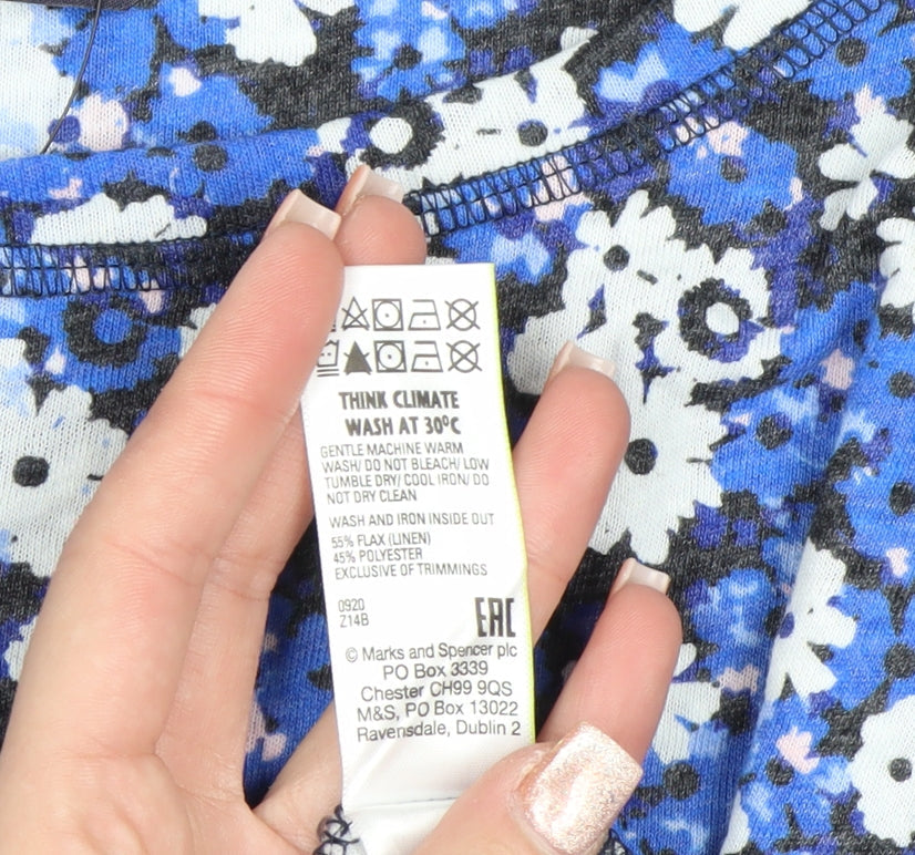 Marks and Spencer Women Blue Floral Long Sleeve Linen Blend Top Size 8