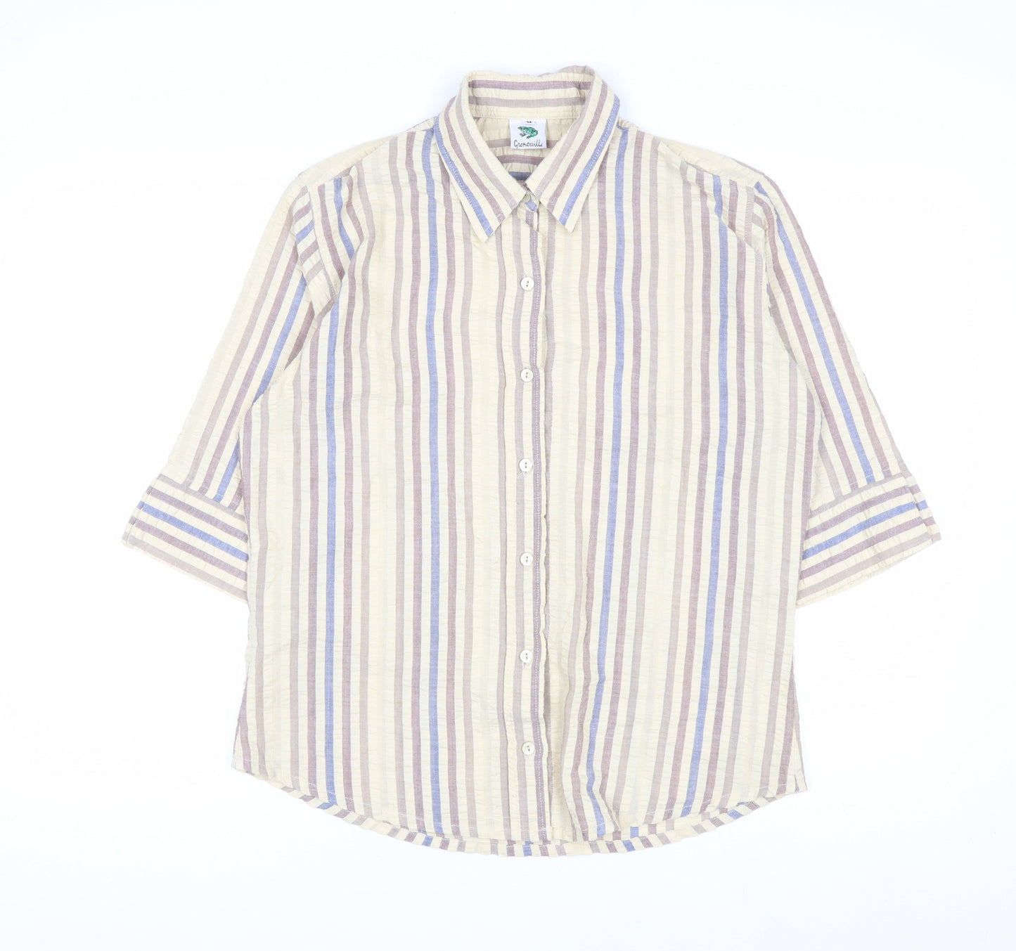 Grenouille Men's Beige Striped Cotton 3/4 Sleeve Button-Up Shirt Size M