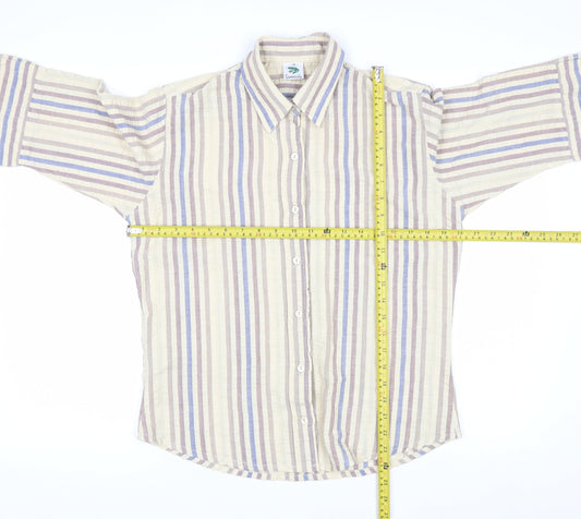 Grenouille Men's Beige Striped Cotton 3/4 Sleeve Button-Up Shirt Size M