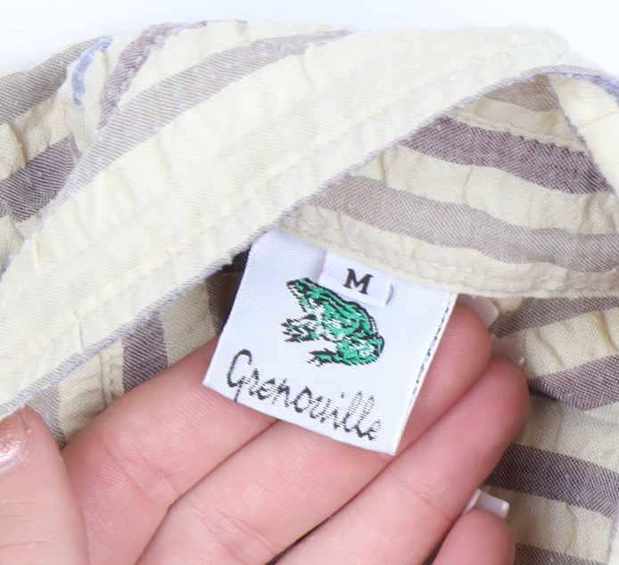 Grenouille Men's Beige Striped Cotton 3/4 Sleeve Button-Up Shirt Size M