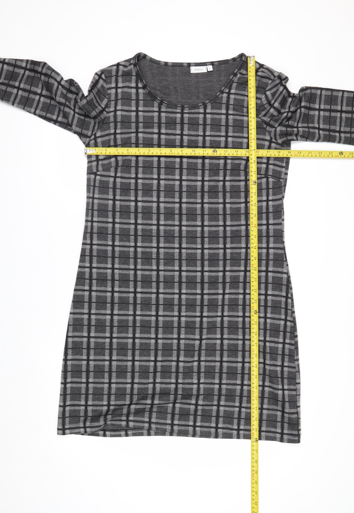 Fransa Women Grey Check Shift Dress L 3/4 Sleeve Knee Length