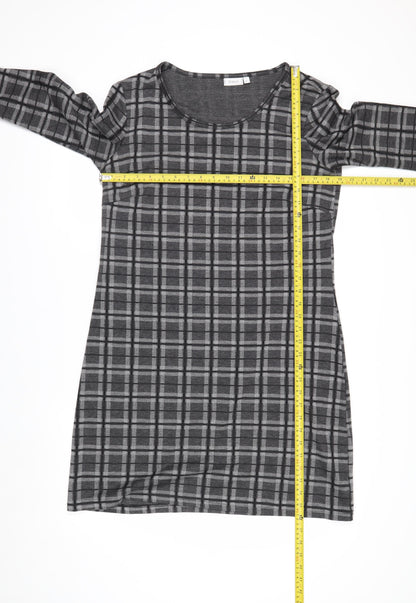 Fransa Women Grey Check Shift Dress L 3/4 Sleeve Knee Length