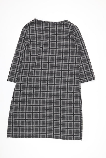 Fransa Women Grey Check Shift Dress L 3/4 Sleeve Knee Length