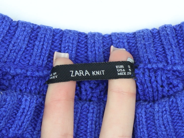 Zara Women Blue Cable Knit Crew Neck Jumper Size S