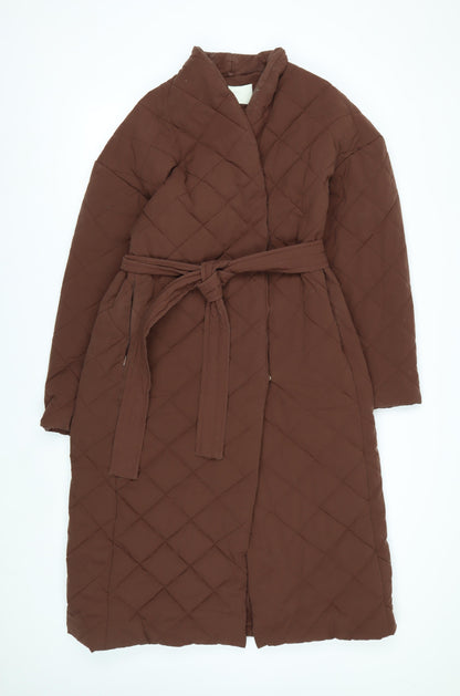 Mango Women Brown Quilted Long Belted Coat Size 12