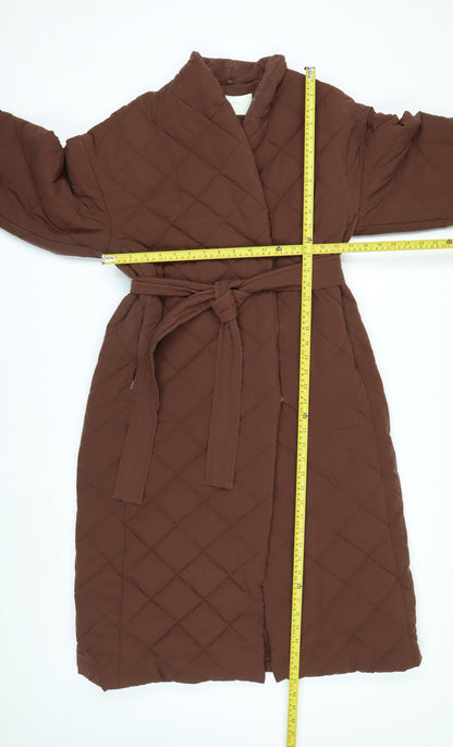 Mango Women Brown Quilted Long Belted Coat Size 12