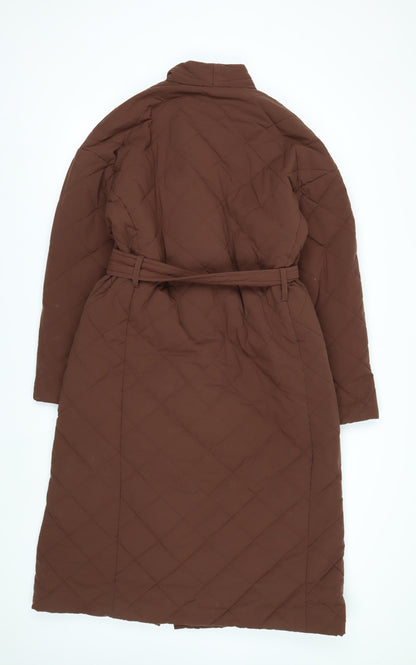 Mango Women Brown Quilted Long Belted Coat Size 12
