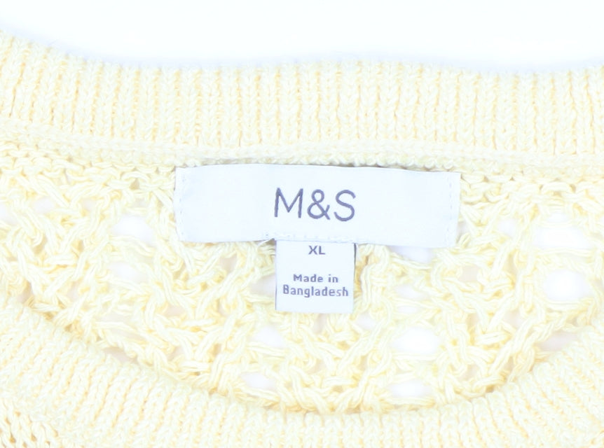 Marks and Spencer Women Yellow Open Knit Cotton Short Sleeve Jumper XL