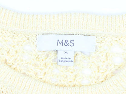 Marks and Spencer Women Yellow Open Knit Cotton Short Sleeve Jumper XL