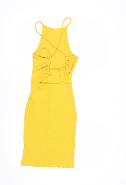 H&M Women’s Yellow Bodycon Halter Cut Out Summer Dress XS